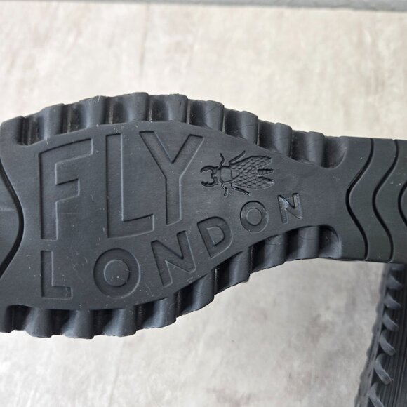 Fly London Yone Wedge Sandal 8-8.5 Black Leather Peep Toe Casyak Platform Wedges - Picture 11 of 14